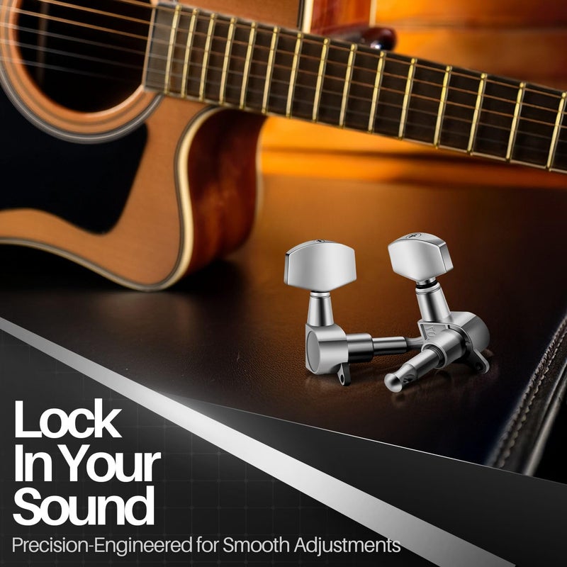 Flexzion Acoustic Guitar Tuning Pegs - 3x3 Chrome Finish Acoustic and Electric Guitar Tuner Pegs - 6 Pieces Locking Keys String Tuner Machine Heads Knobs Replacement, Silver - Image 2